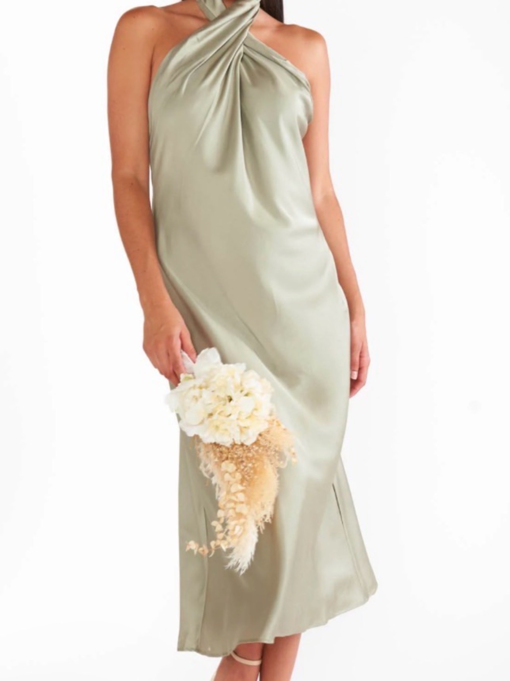 Show Me Your MuMu Sage Green Satin Twist-Halter Midi Dress